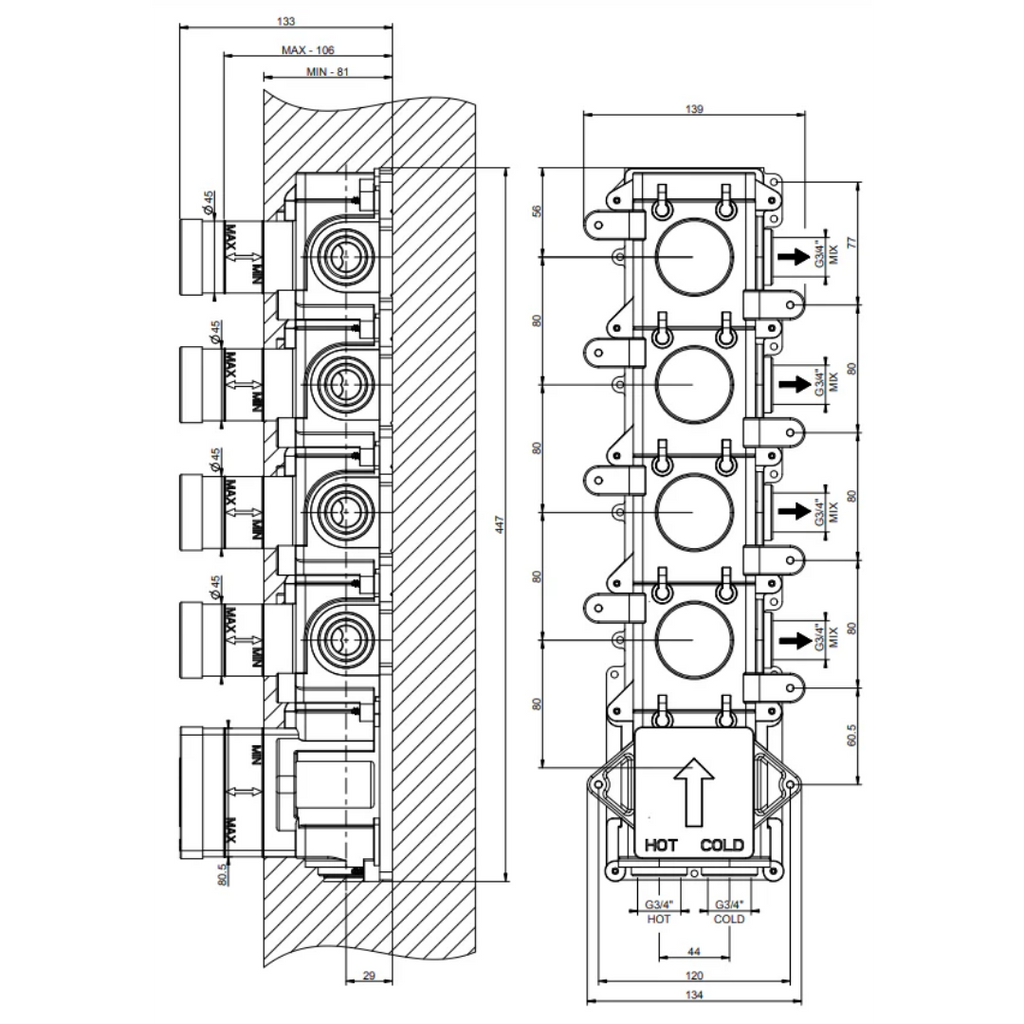 Gessi 43107 – Corps d'encastrement pour mitigeur thermostatique 4 sorties – Haute cap