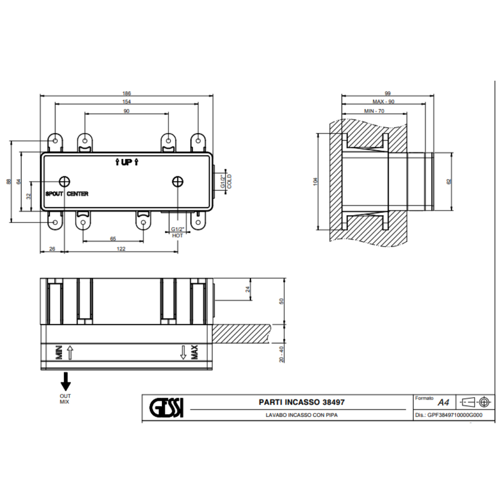 Gessi 38497 – Corps encastré pour mitigeur mural lavabo – Partie technique universelle