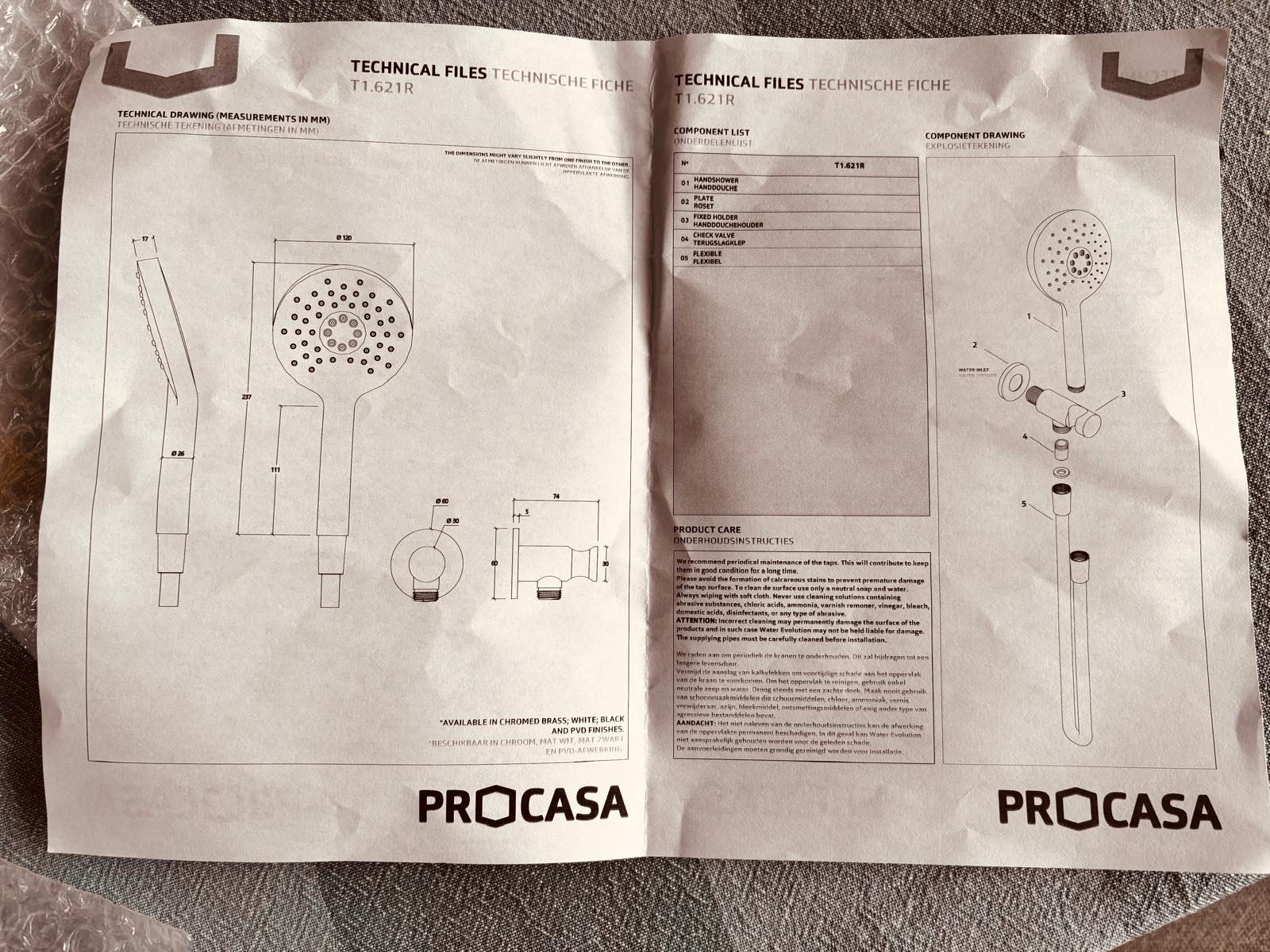 PROCASA T1.622R – Kit douchette ronde avec sortie murale intégrée – Noir mat